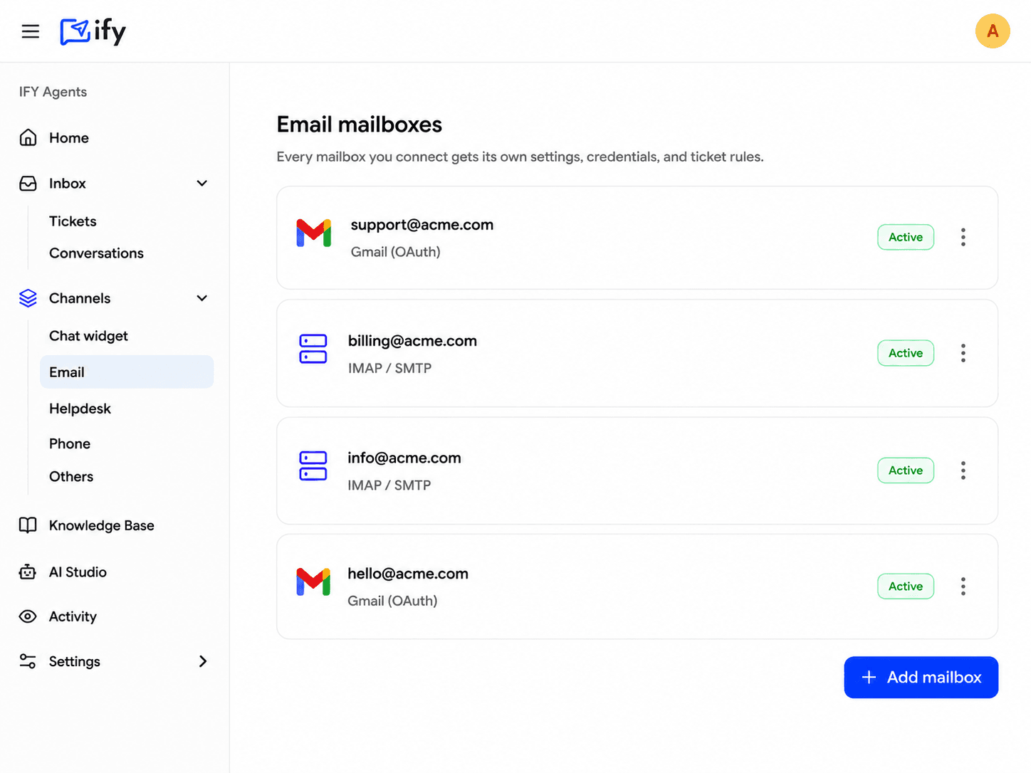 Multiple email channels sharing one memory